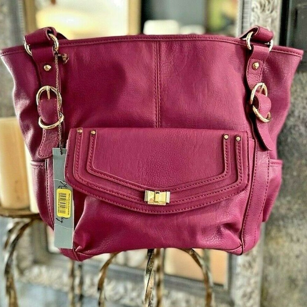Kate Landry Leather Tote Satchel Handbag Purse Fuchsia Pink  Gold Tone Hardware
